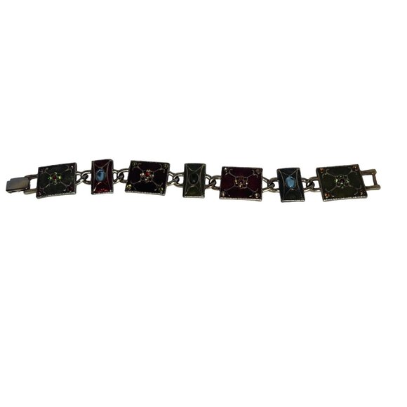 Liz Claiborne Gold Tone, Green & Red Enamel And Rhinestone Link Bracelet (5392) - Picture 4 of 8
